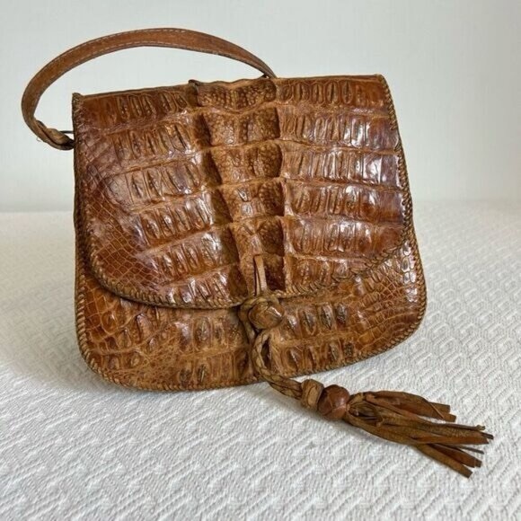 Vintage Handbags - Vintage 80s Hornback Alligator Crocodile Leather Handbag Purse Tassel Western